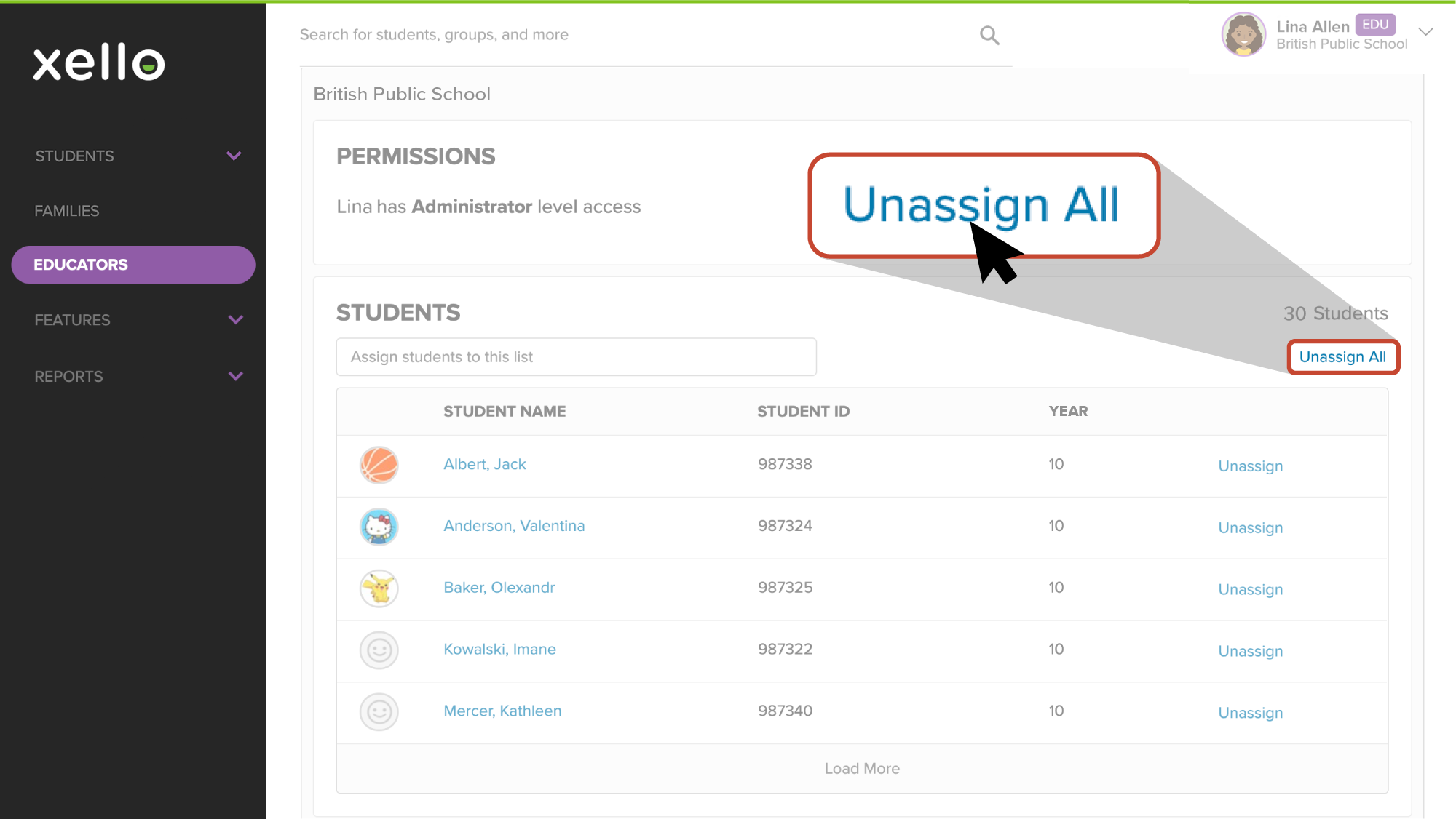 Educator page open. "Unassign All" button highlighted with cursor hovering
